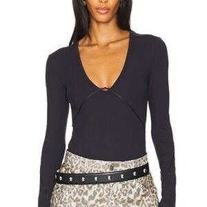 NWOT S/M Intimately Free People Deep V Ribbed Long Sleeve Bodysuit Navy